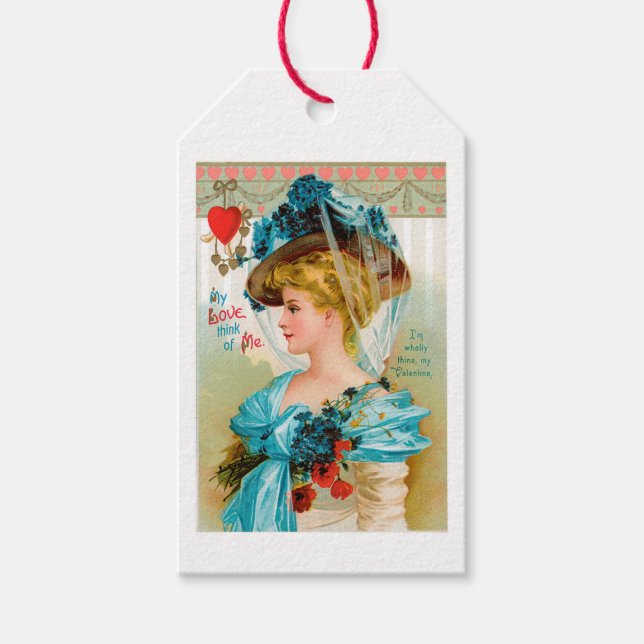 Antique Valentine Blue Blommigt Dam Presentetikett (Framsidan)
