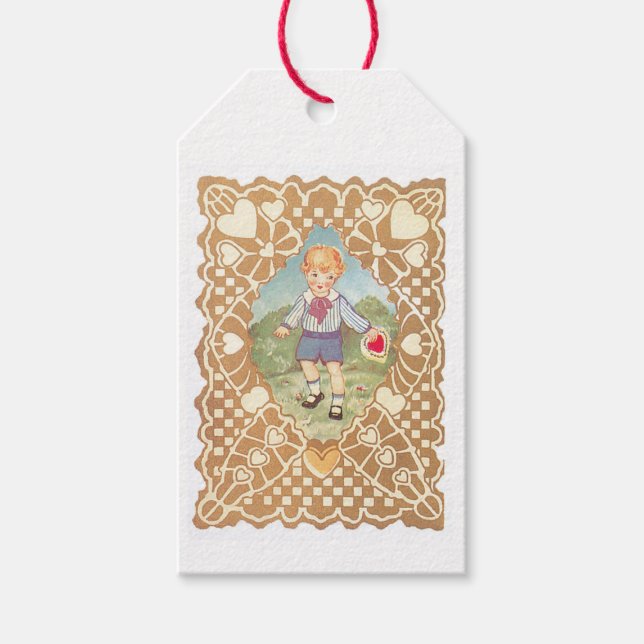 Antique Valentine Boy Heart Presentetikett (Framsidan)