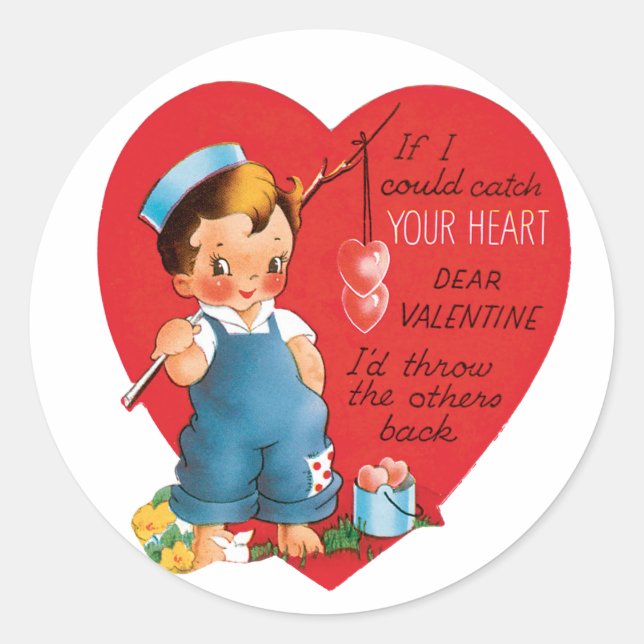 Antique Valentine Boy Heart Runt Klistermärke (Framsida)