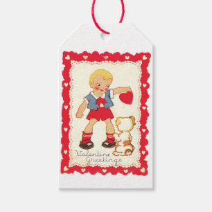 Antique Valentine Boy med Puppy Presentetikett