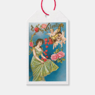 Antique Valentine Cupid Heart Dam Presentetikett
