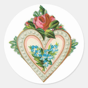 Antique Valentine Flower Heart Runt Klistermärke
