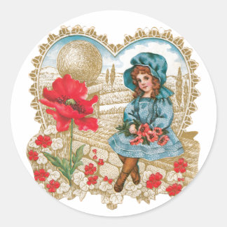 Antique Valentine Girl Flower Runt Klistermärke
