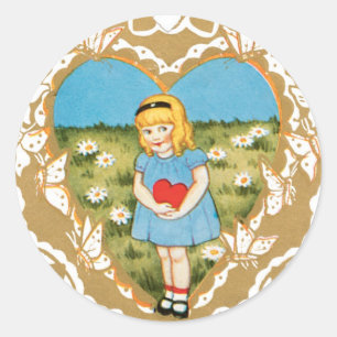 Antique Valentine Girl Heart Runt Klistermärke