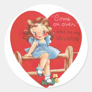 Antique Valentine Girl Heart Runt Klistermärke