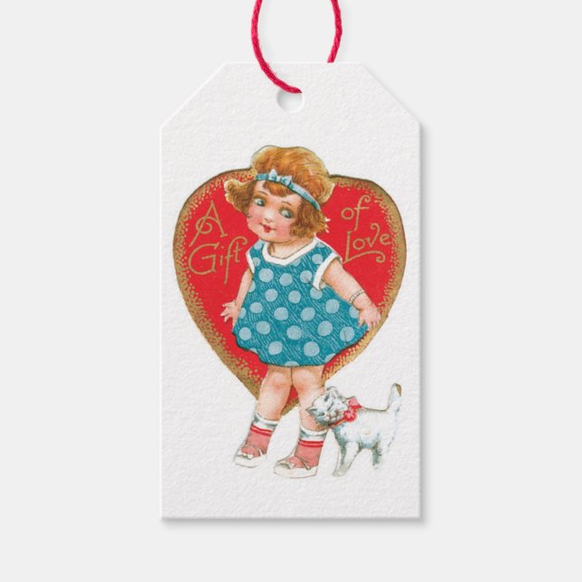 Antique Valentine Girl med Kitten Presentetikett (Framsidan)