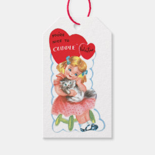 Antique Valentine Girl med Kitten Presentetikett