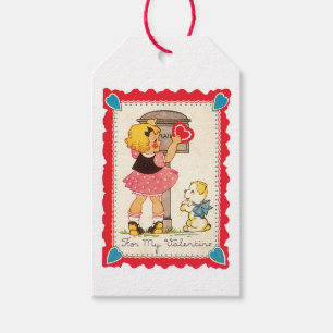 Antique Valentine Girl med Puppy Presentetikett