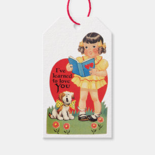 Antique Valentine Girl med Puppy Presentetikett