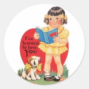 Antique Valentine Girl med Puppy Runt Klistermärke