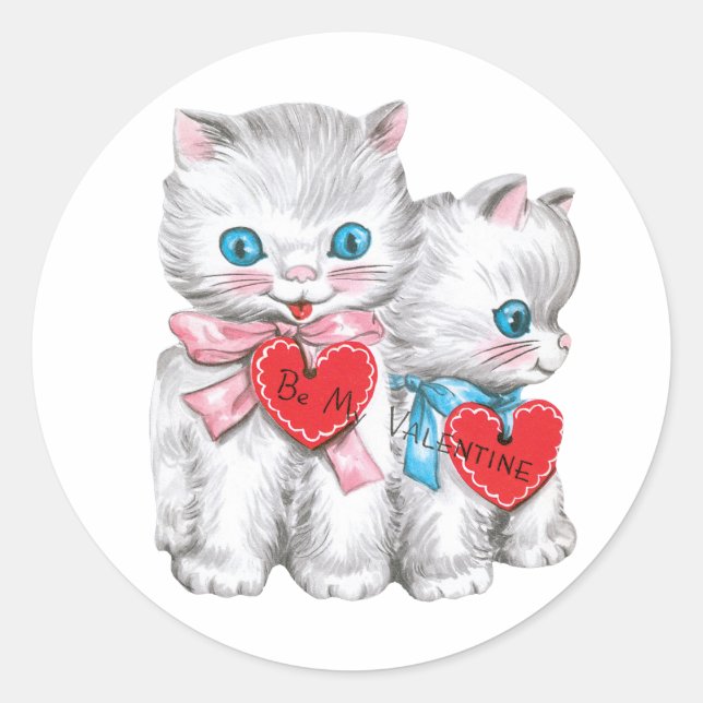 Antique Valentine Kittens Heart Runt Klistermärke (Framsida)