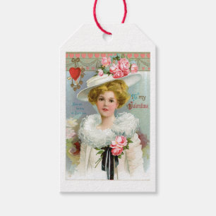 Antique Valentine Rosa Blommigt Dam Presentetikett