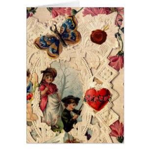 ANTIQUE VALENTINE SNÖRE,CUPID,ÄLSKARE OCH BUTTERFL HÄLSNINGSKORT