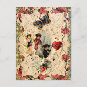 ANTIQUE VALENTINE SNÖRE,CUPID,ÄLSKARE OCH BUTTERFL HELG VYKORT