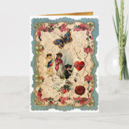 ANTIQUE VALENTINE SNÖRE,CUPID,ÄLSKARE OCH BUTTERFL HELGKORT
