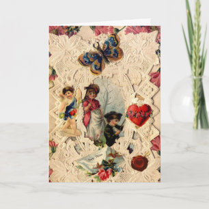 ANTIQUE VALENTINE SNÖRE,CUPID,ÄLSKARE OCH BUTTERFL HELGKORT
