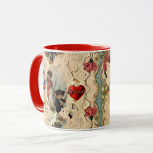 ANTIQUE VALENTINE SNÖRE,CUPID,ÄLSKARE OCH BUTTERFL MUGG
