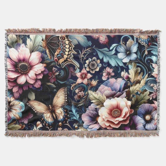 Antique Vår blommor och Butterflies Filt (Framsidan)