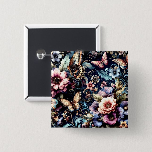 Antique Vår blommor och Butterflies Knapp (Framsida & baksida)