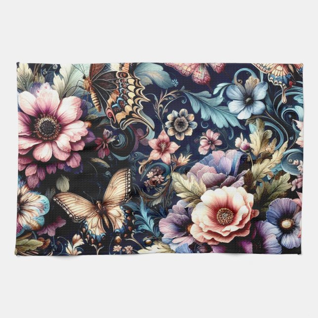 Antique Vår blommor och Butterflies Kökshandduk (Horisontell)