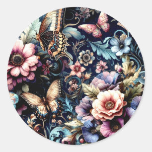 Antique Vår blommor och Butterflies Runt Klistermärke
