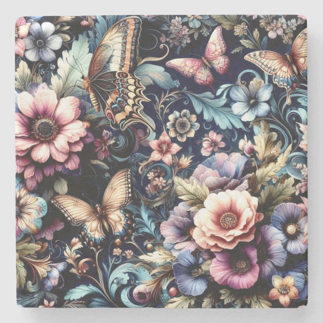 Antique Vår blommor och Butterflies Stenunderlägg (Framsidan)