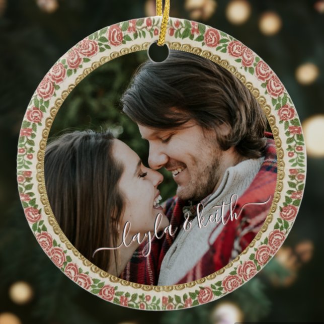 Antique Victorian Blommigt Photo Text Julgran Julgransprydnad Keramik (Skapare uppladdad)