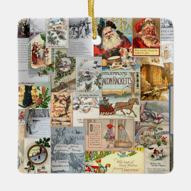 Antique Victorian jul Ephemera Collage Art Julgransprydnad Keramik (Framsida)