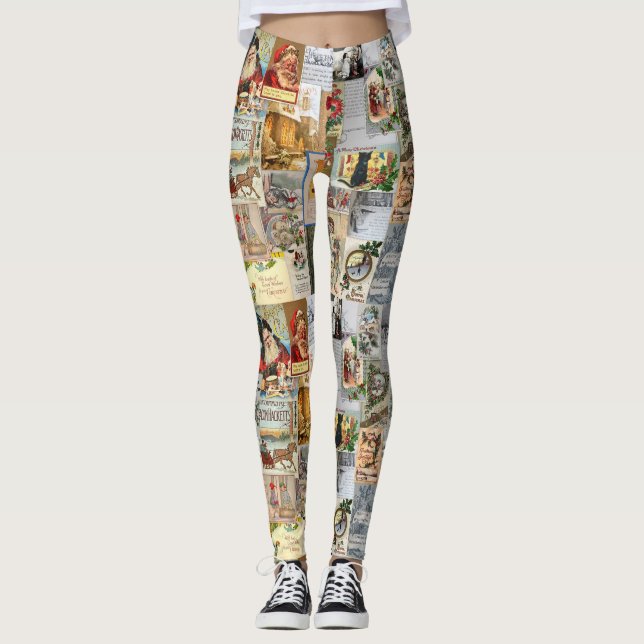 Antique Victorian jul Ephemera Collage Art Leggings (Framsida)