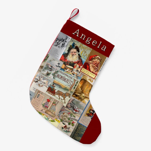 Antique Victorian jul Ephemera Collage Art Liten Julstrumpa (Framsidan (Hängande))