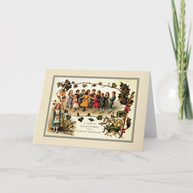 Antique Victorian-julbarn runt dans Helgkort (Framsida)