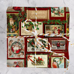 Antique Victorian julcard Collage Presentpapper<br><div class="desc">Roligt och festande helgdag mönster med vintage Viktorianska julkort med evergreens och dekorativt gräns på röd dammbakgrund.</div>