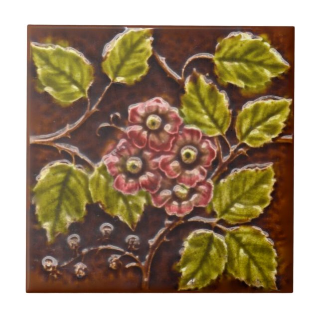 Antique Victorian Majolica Blommigt Tile Repro Kakelplatta (Framsidan)