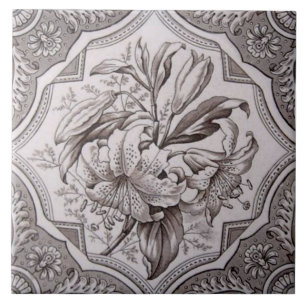 Antique Victorian Superb Blommigt Transferware Rep Kakelplatta