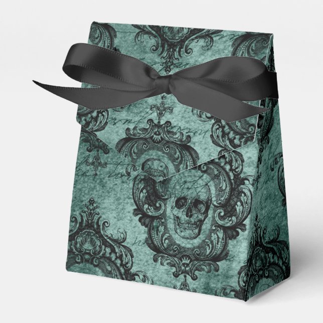 Antique Victorian Teal and Black Skull Mönster Presentaskar (Framsidan Sidan)