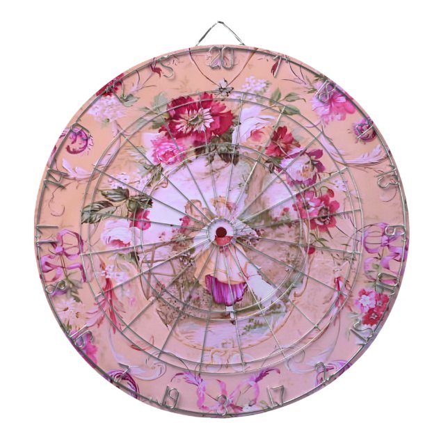 Antique Victorian Toile Rococo Stil Blommigt Rosa Darttavla (Framsidan)