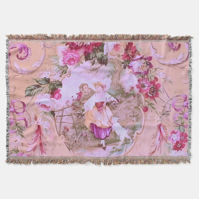 Antique Victorian Toile Rococo Stil Blommigt Rosa Filt (Framsidan)