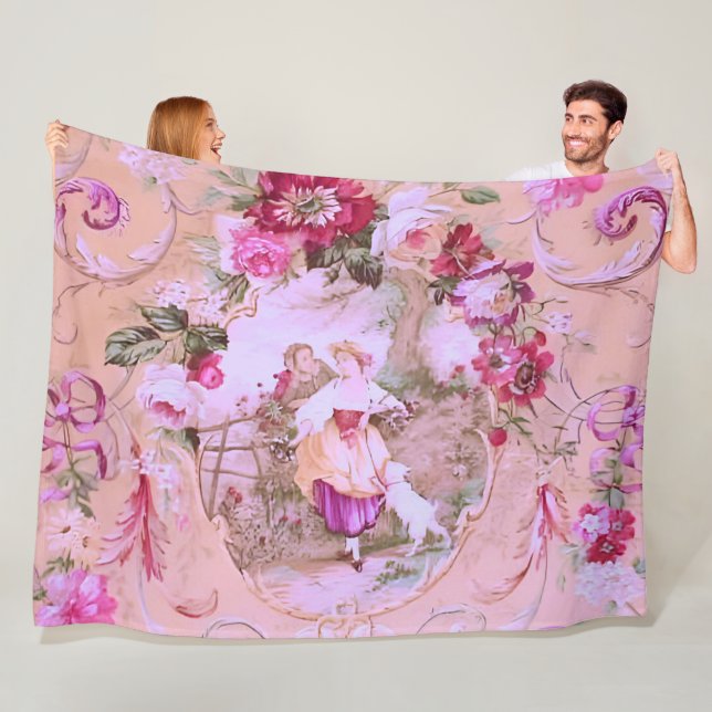Antique Victorian Toile Rococo Stil Blommigt Rosa Fleecefilt (På plats)