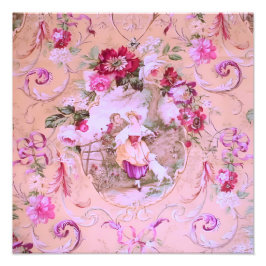 Antique Victorian Toile Rococo Stil Blommigt Rosa Fototryck