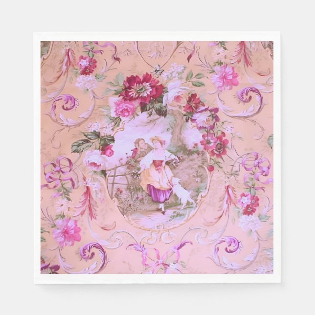 Antique Victorian Toile Rococo Stil Blommigt Rosa Pappersservett (Framsidan)