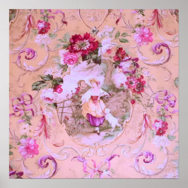 Antique Victorian Toile Rococo Stil Blommigt Rosa Poster
