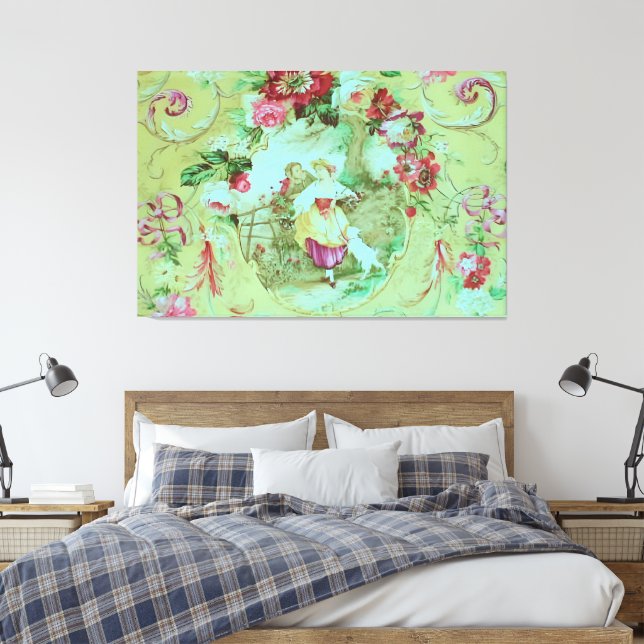 Antique Victorian Toile Rococo Stil Sage Grönt Canvastryck (Insitu (sovrum))