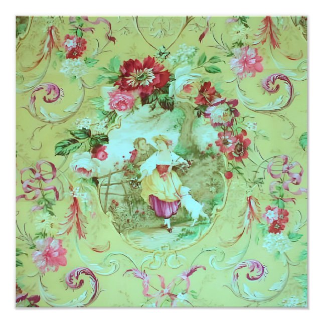 Antique Victorian Toile Rococo Stil Sage Grönt Fototryck (Framsidan)