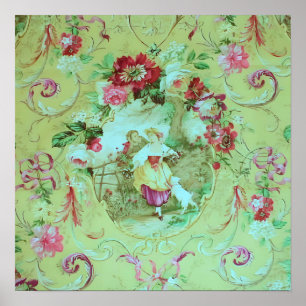 Antique Victorian Toile Rococo Stil Sage Grönt Poster
