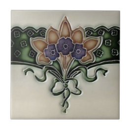 Antique Victorian Violet Bouquet Gräns Tile Repro Kakelplatta