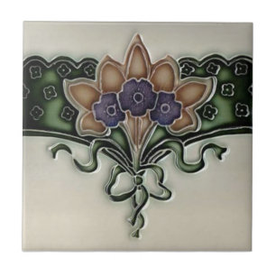 Antique Victorian Violet Bouquet Gräns Tile Repro Kakelplatta