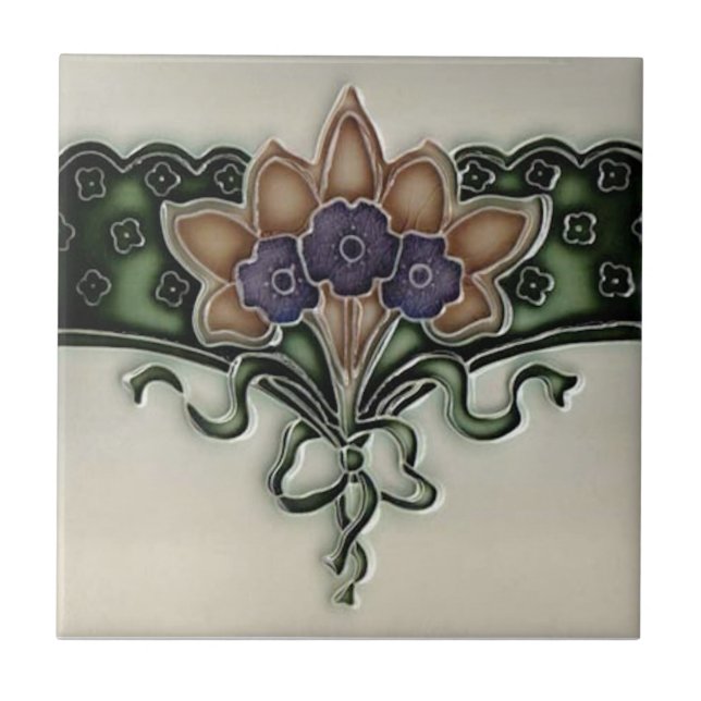 Antique Victorian Violet Bouquet Gräns Tile Repro Kakelplatta (Framsidan)