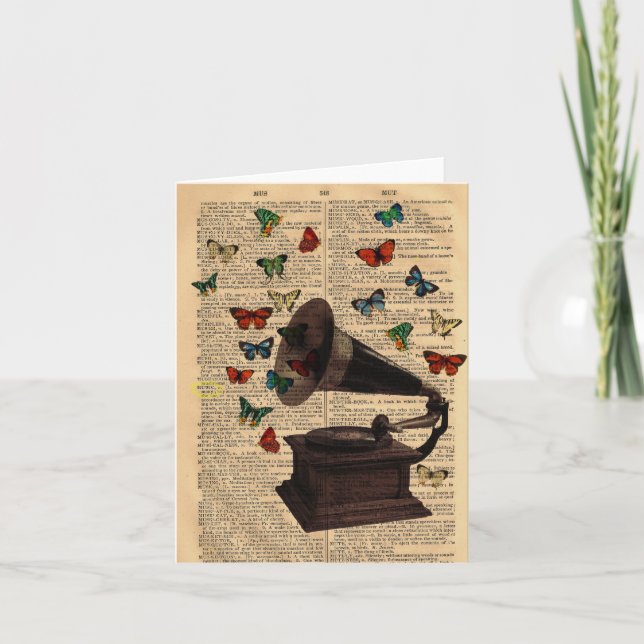 Antique Victrola Butterflies Dictionary Notecard Kort (Framsida)