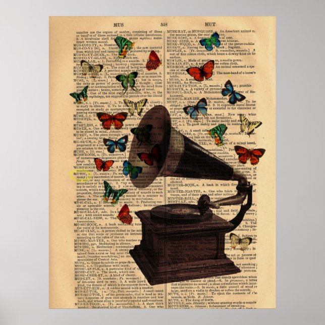 Antique Victrola Butterflies Dictionary Poster (Framsidan)