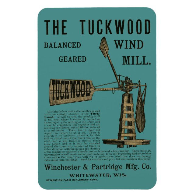 Antique Vind Mill Tuckwood Whitewater Wis 1889 Magnet (Vertikal)